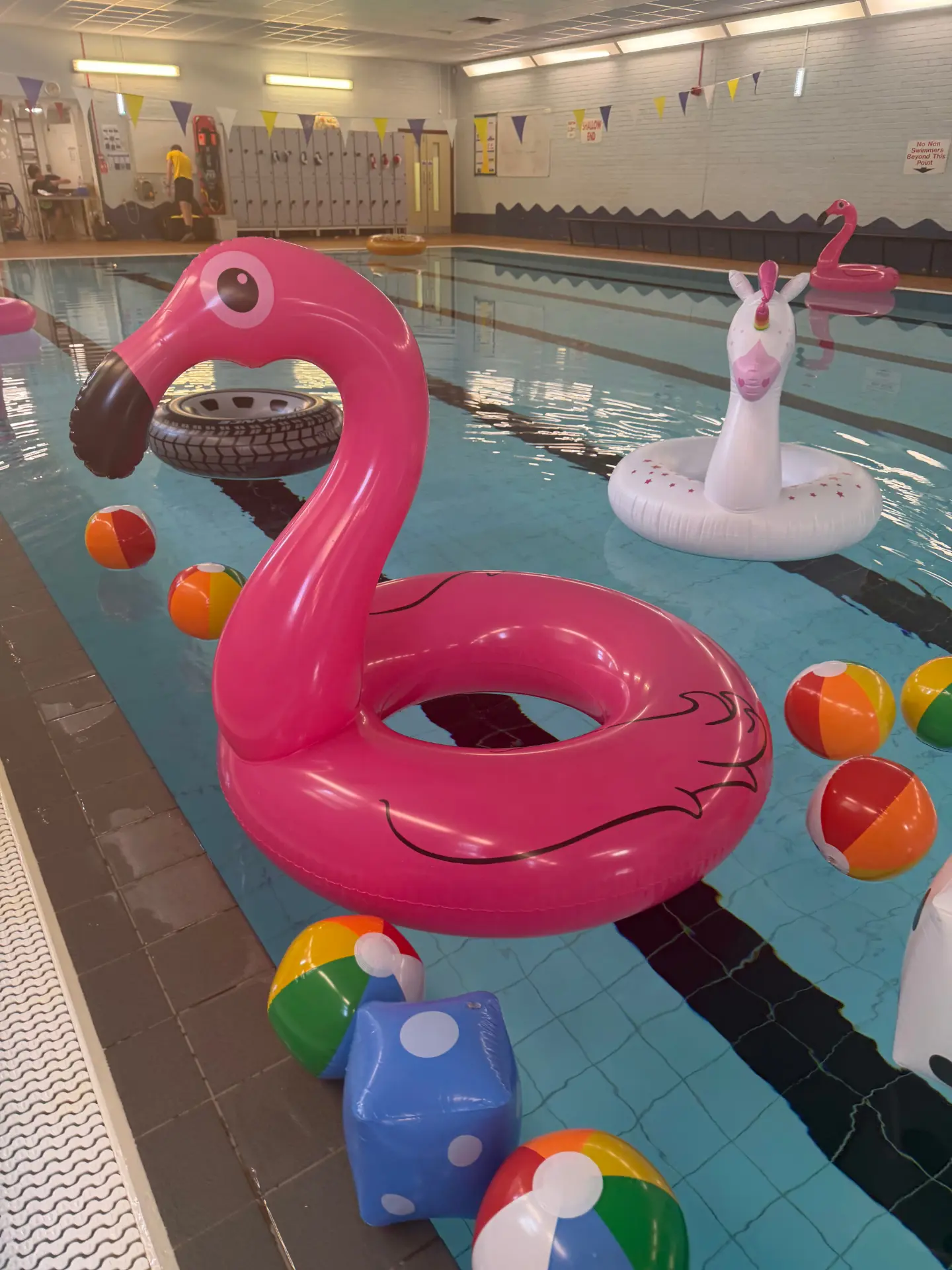 Children enjoying a Family Fun Swim at Chippindale Pool, with a large pink flamingo inflatable, a unicorn inflatable and beach balls in the water